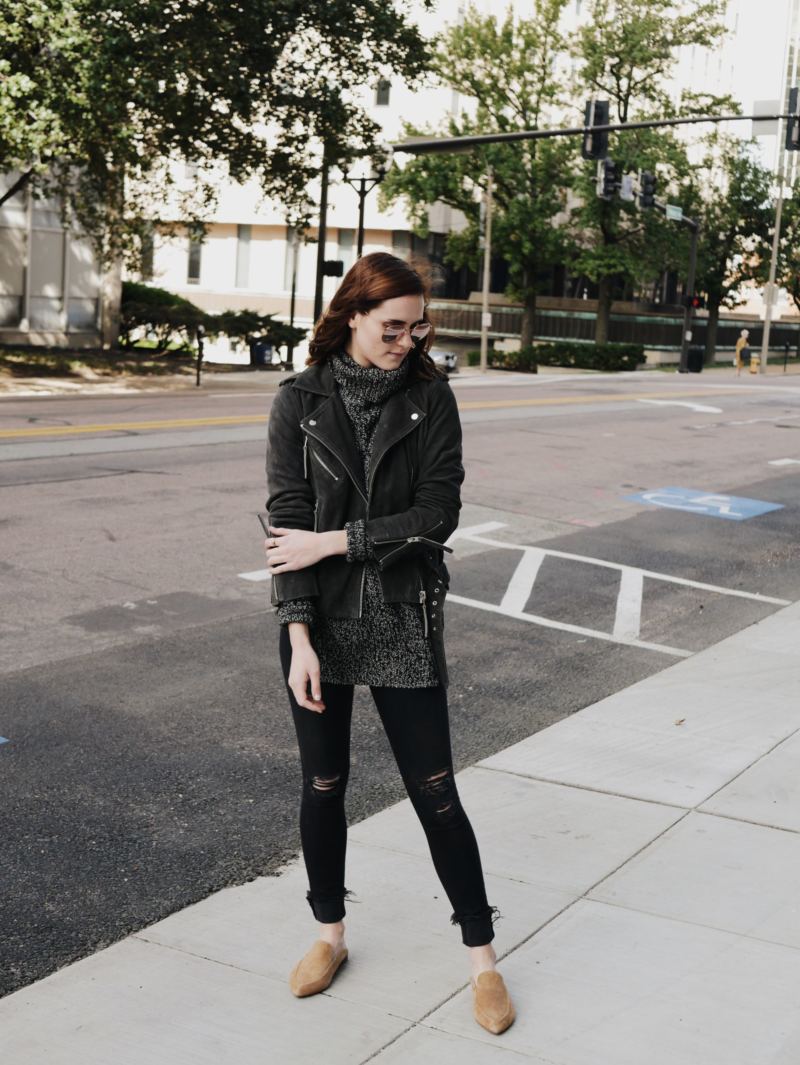how to wear black suede jacket with black pants
