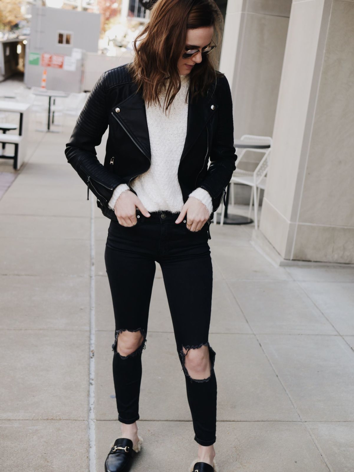 fuzzy sweater | black jeans | leather jacket | mules | oh darling blog