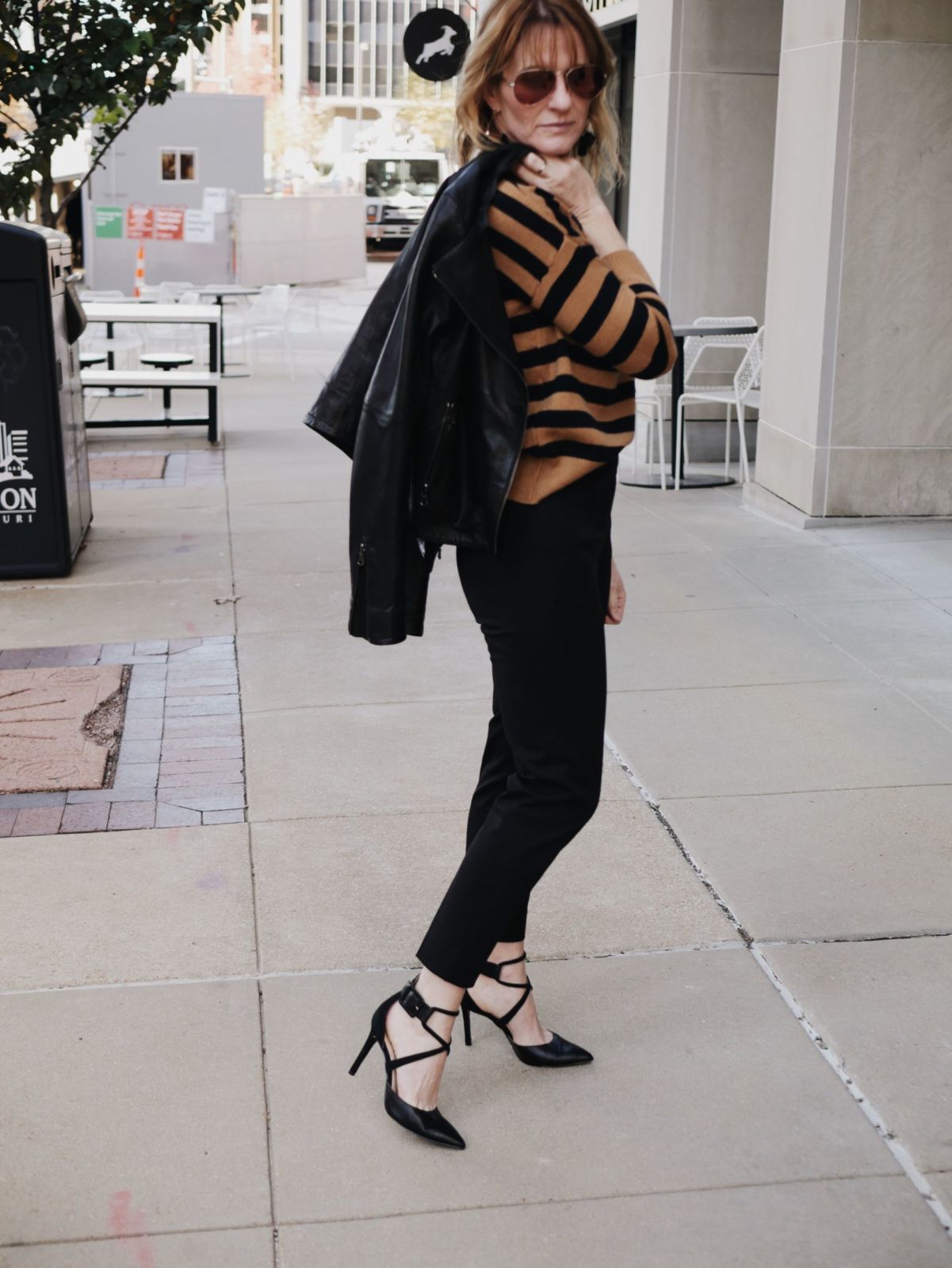 stripe sweater | black skinny pants | heels | leather jacket | oh darling blog