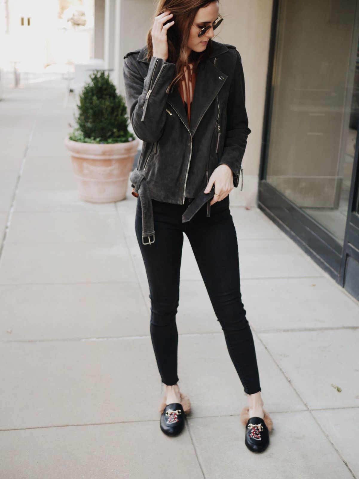 blouse | suede jacket | black jeans | mules 