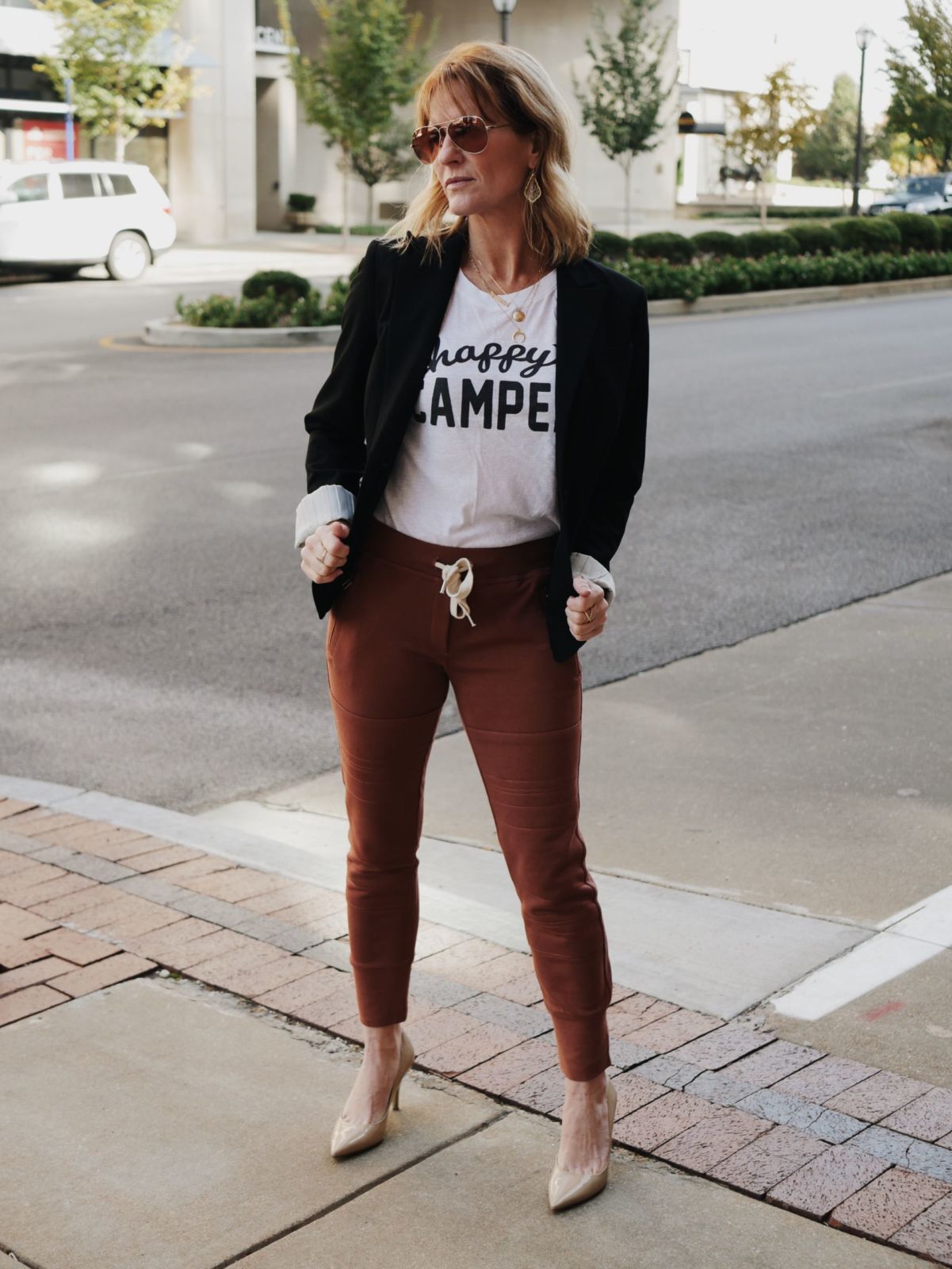 graphic tee | joggers | blazer | heels | oh darling blog