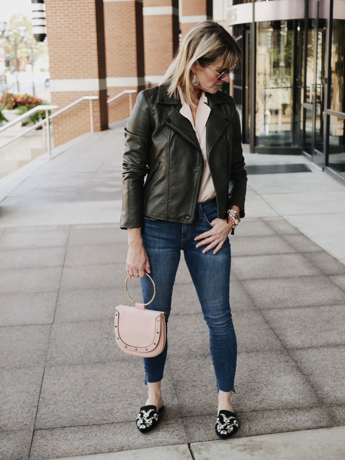 leather jacket | pajama shirt | jeans | oh darling blog