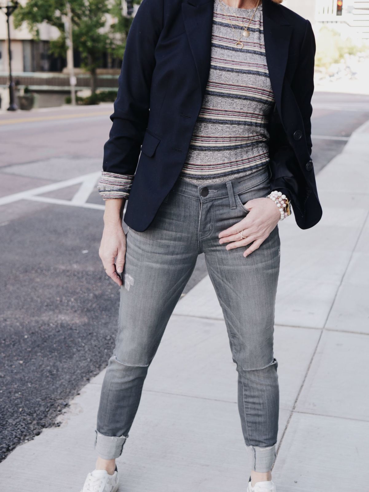 blazer | striped top | grey jeans | oh darling blog