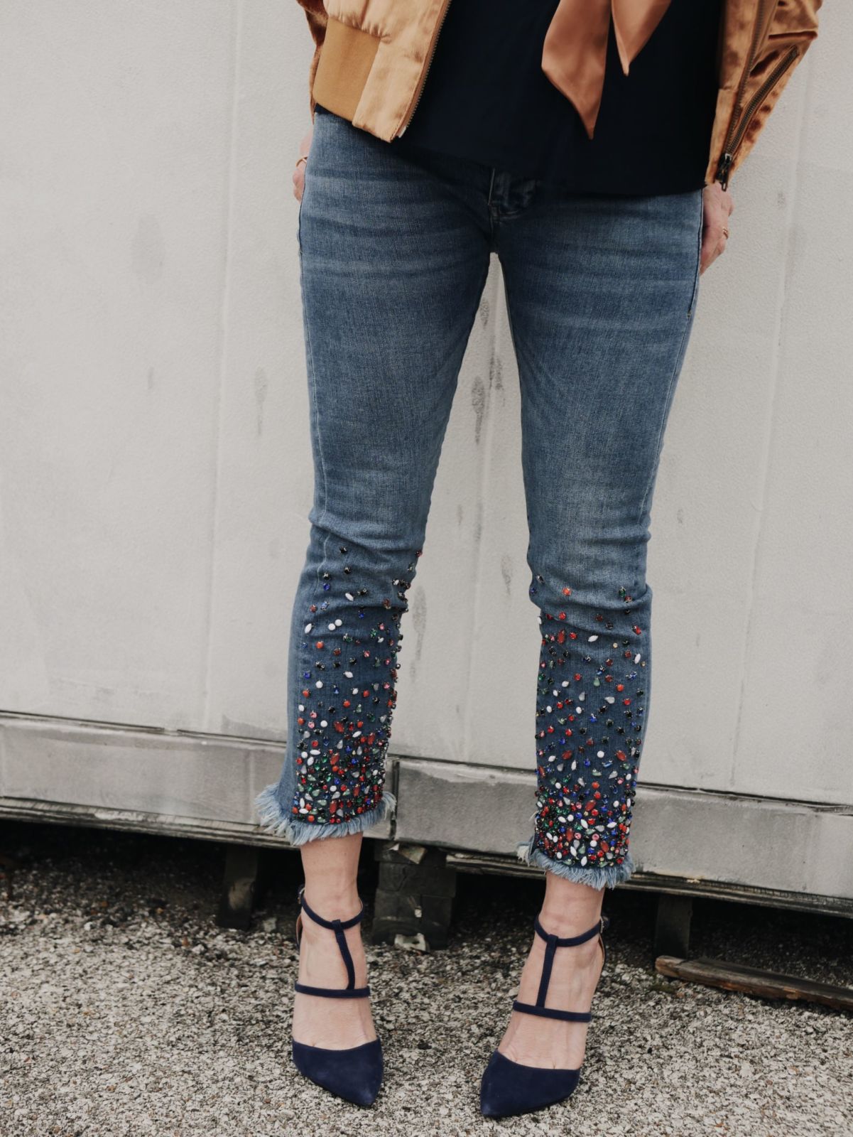 sparkly pants and blue heels for the holiday season