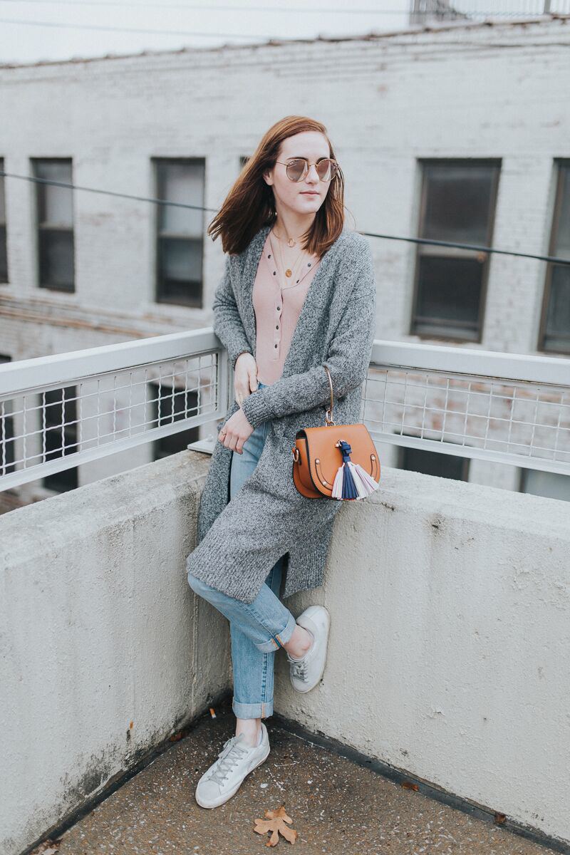 long sleeve henley tee paired with grey cardigan