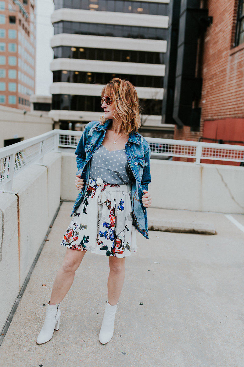 oh darling blog styling floral skirt, polka dot cami, with denim jacket