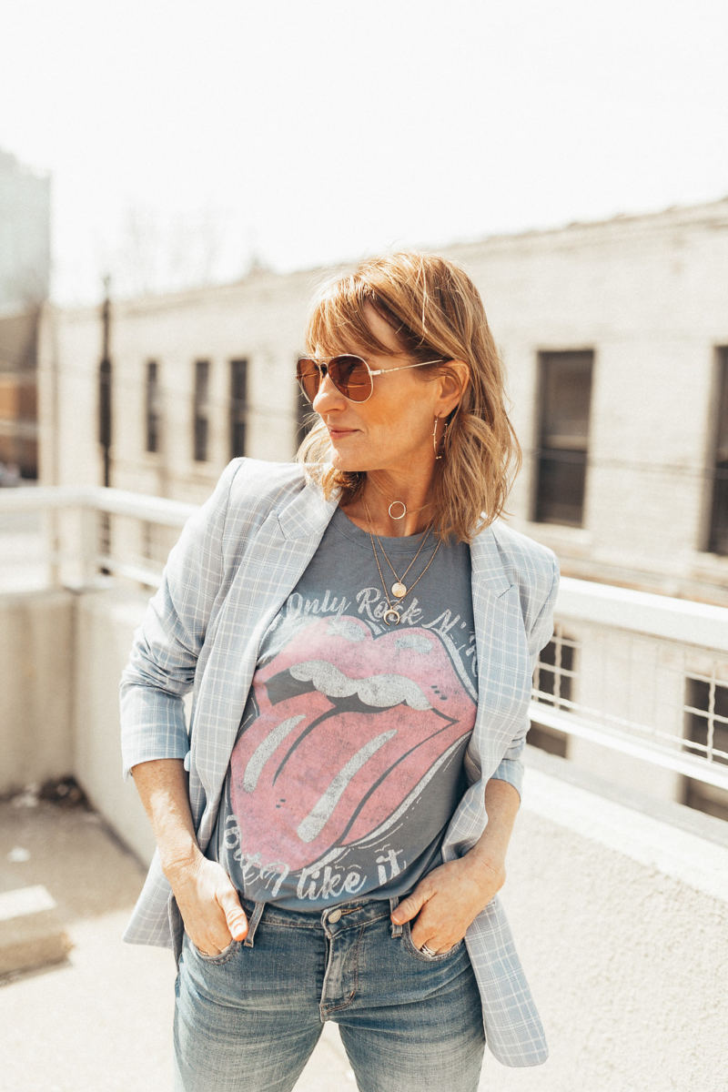 Katie Shelton Styling a spring blazer with band tees