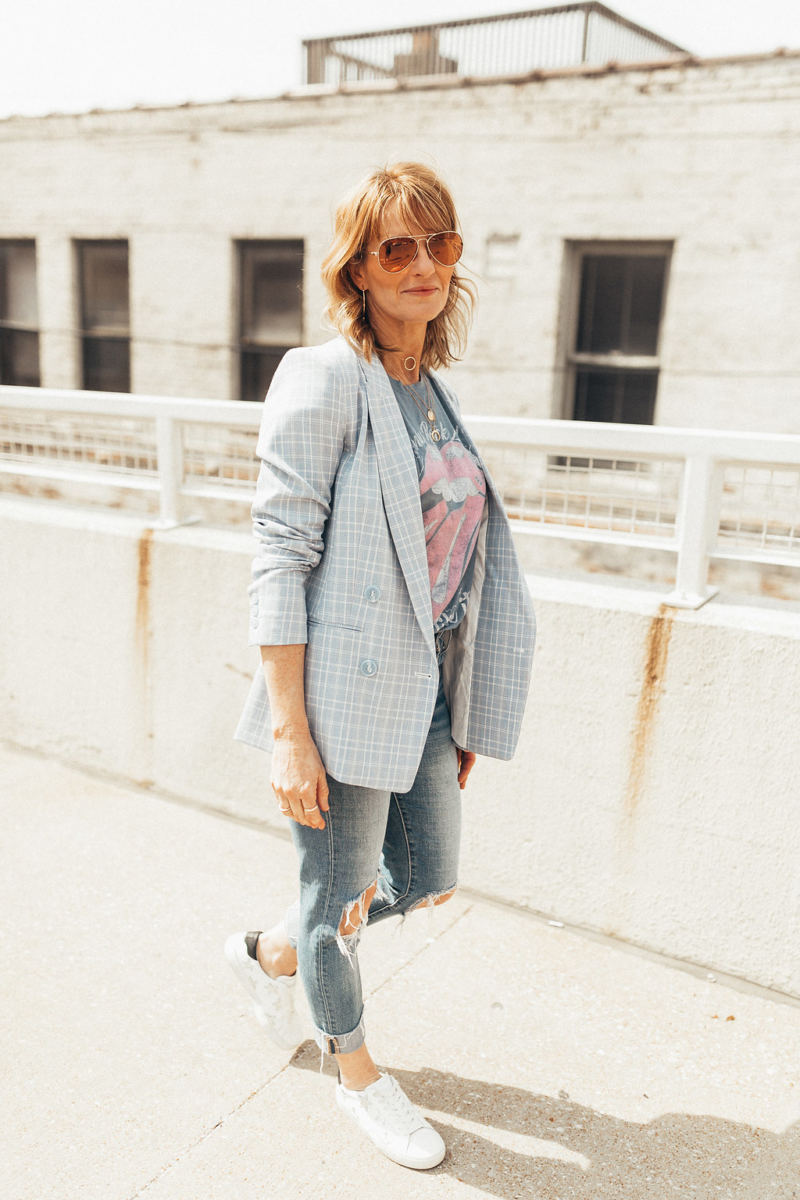 Oh Darling Blog | styling women plaid spring blazer with a band tee