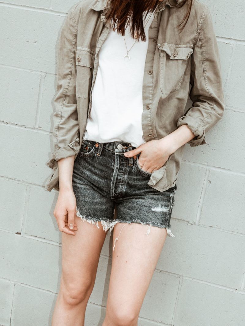 denim shorts, tee and chambray shirt