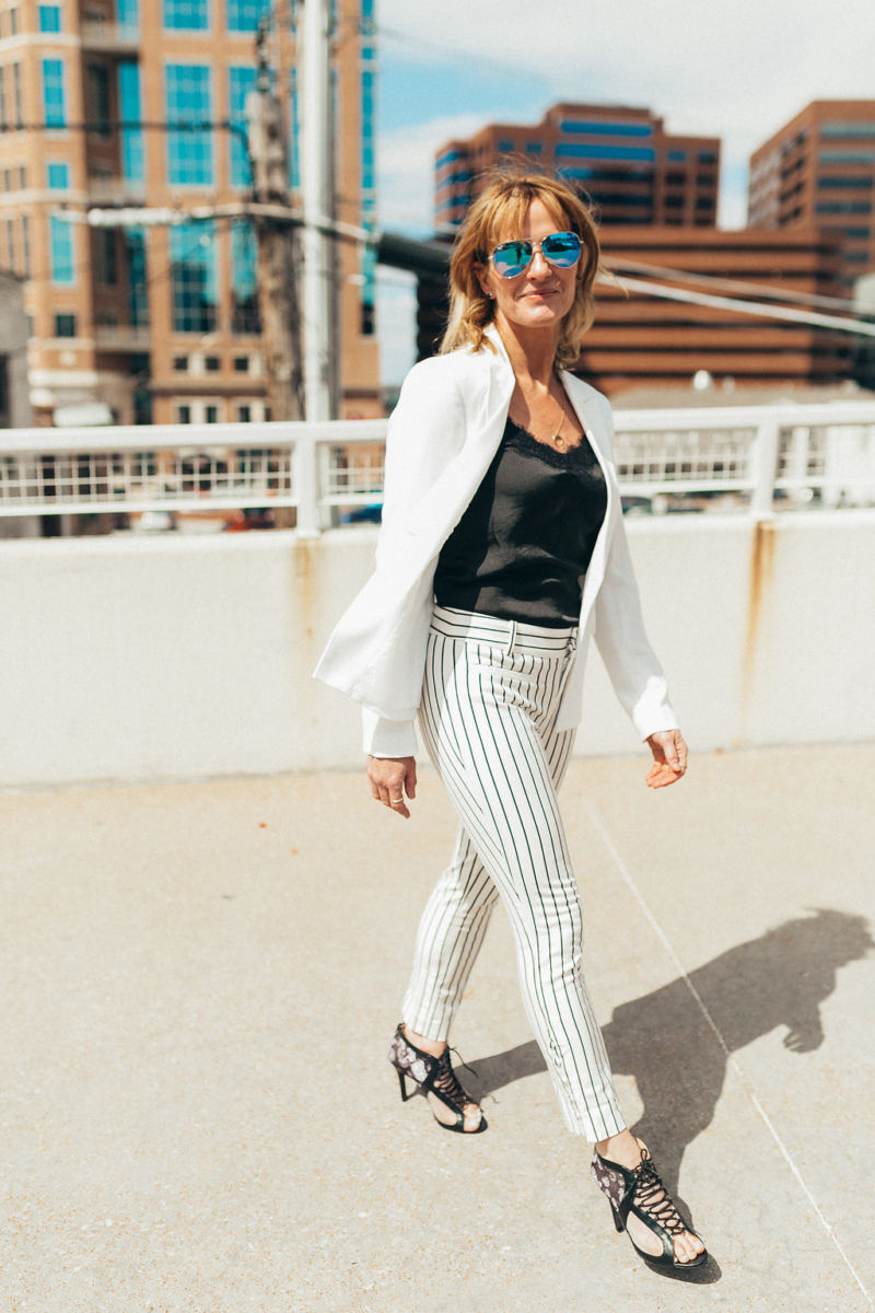 striped pants and white blazer outfit