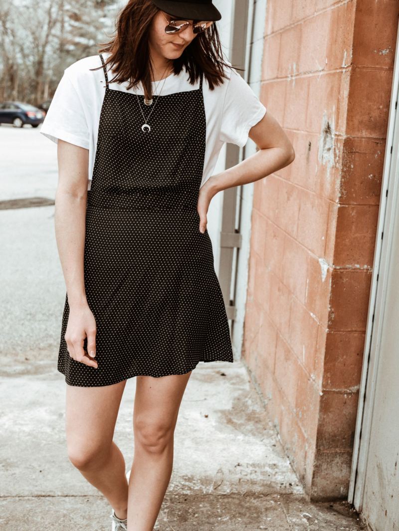 polka dot dress with a white tee