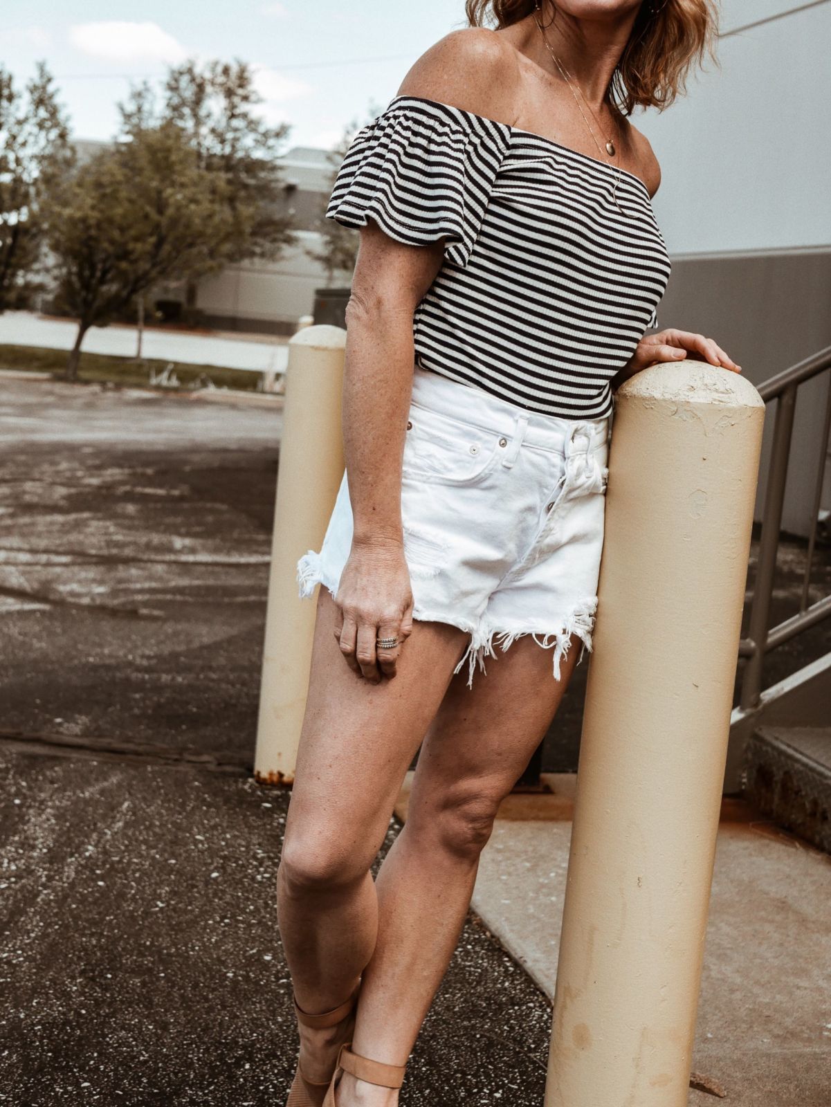 off the shoulder top and cutoffs 