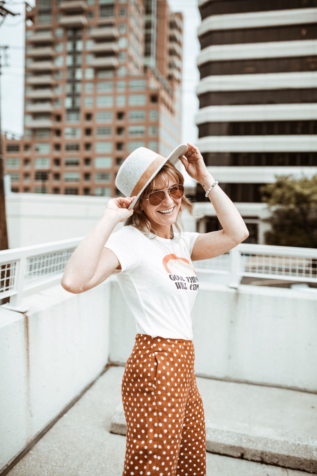 linen pants styled with a graphic tee