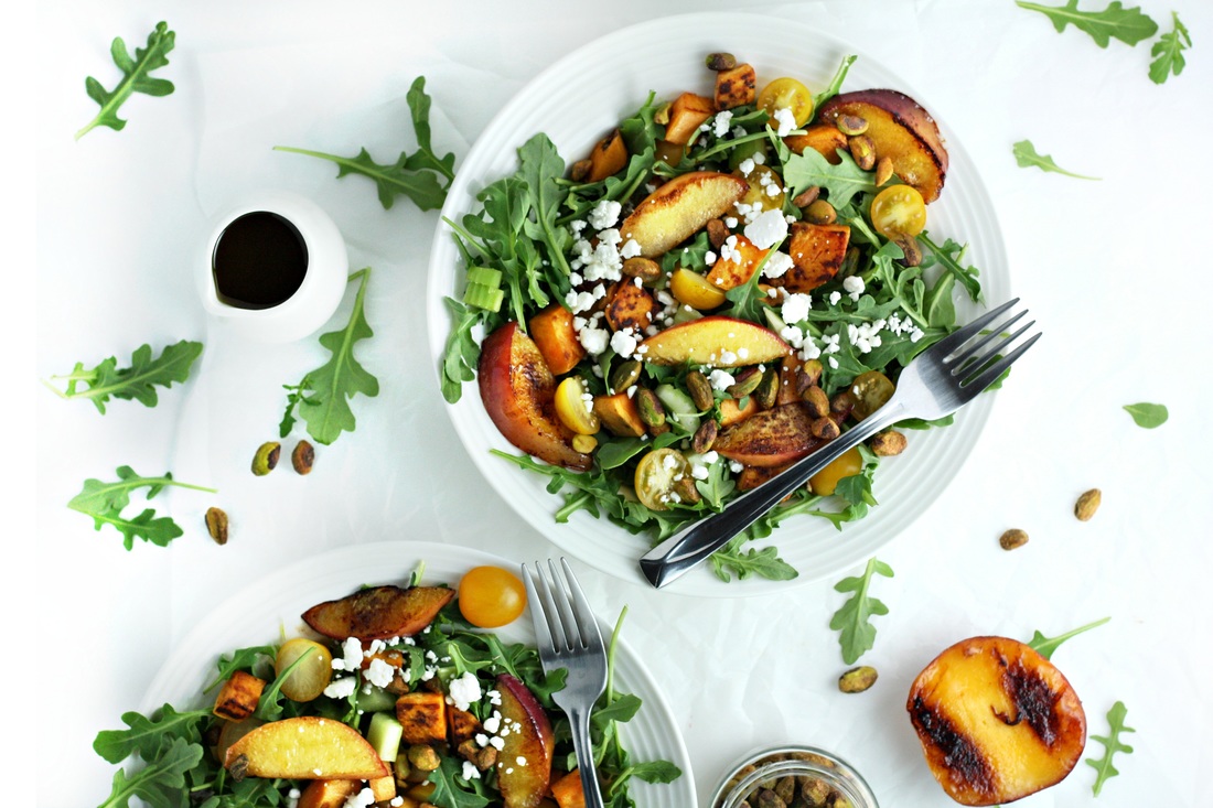 Grilled Peach and Sweet Potato Salad with Honey Balsamic Vinaigrette: