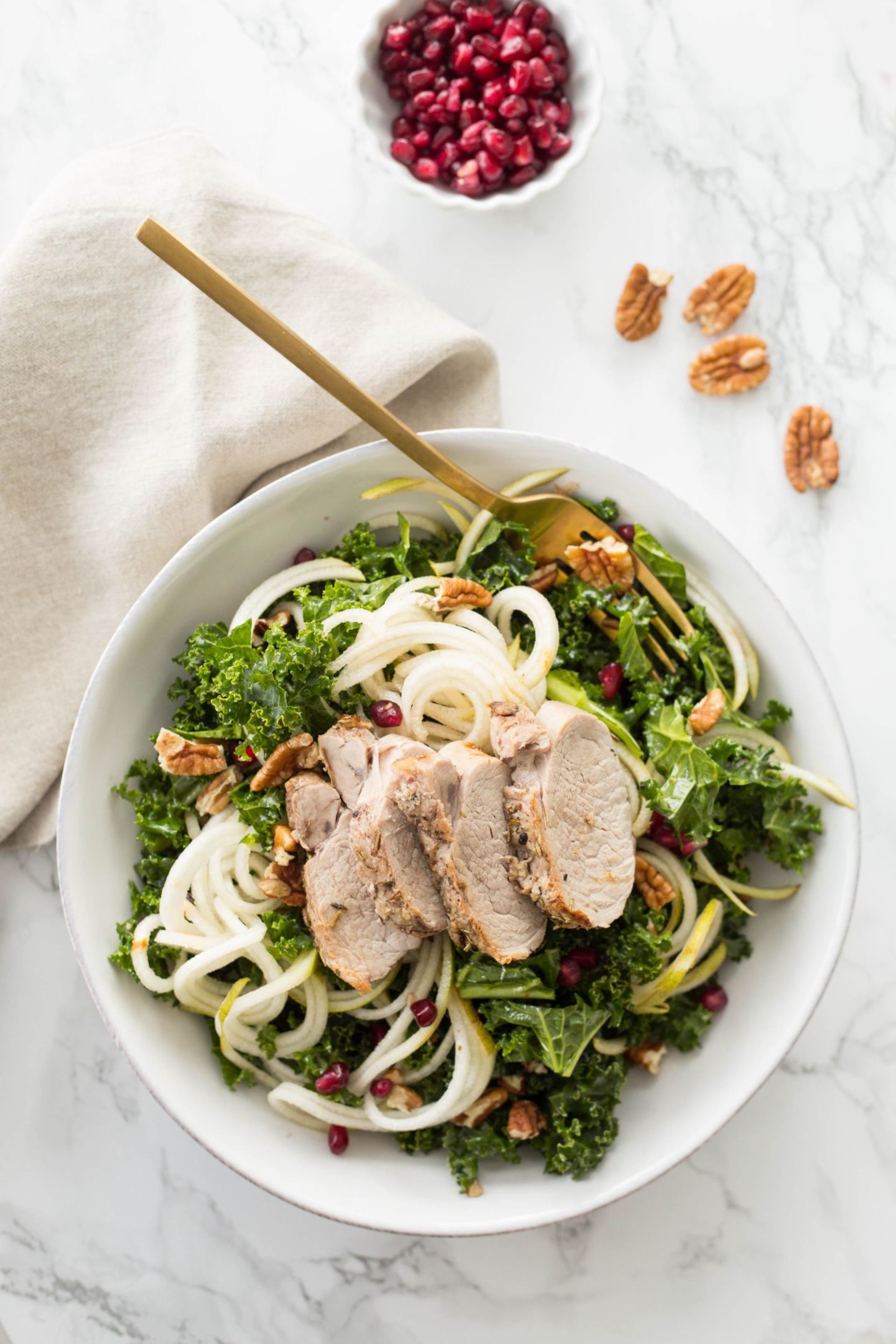 Pear Noodle, Pomegranate and Kale Salad with Roasted Pork Tenderloin: