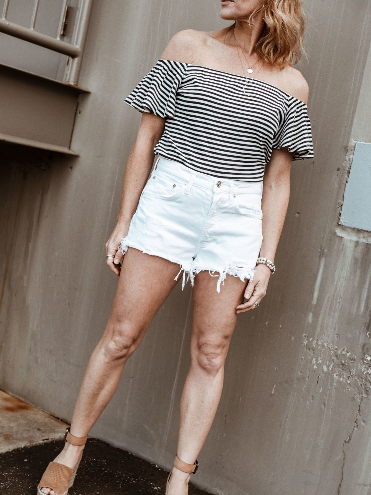 mango striped off the shoulder tee and white cutoff shorts