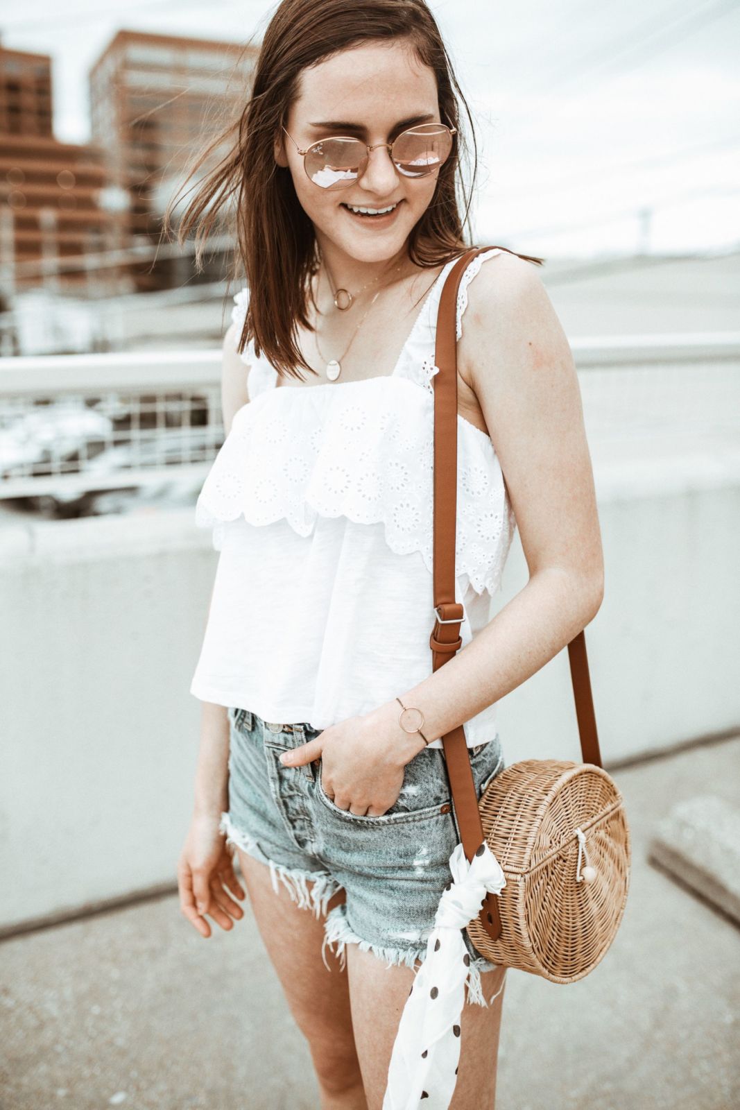 oh darling blog | white eyelet top and cutoff shorts