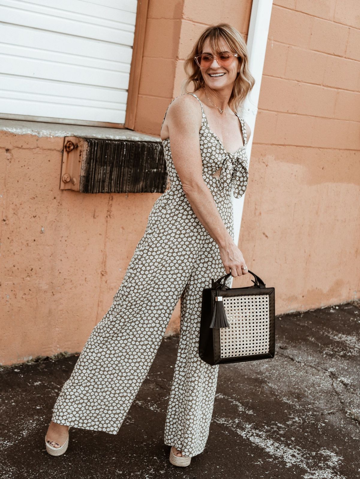 madewell jumpsuit | cat eye sunglasses | wicker tote