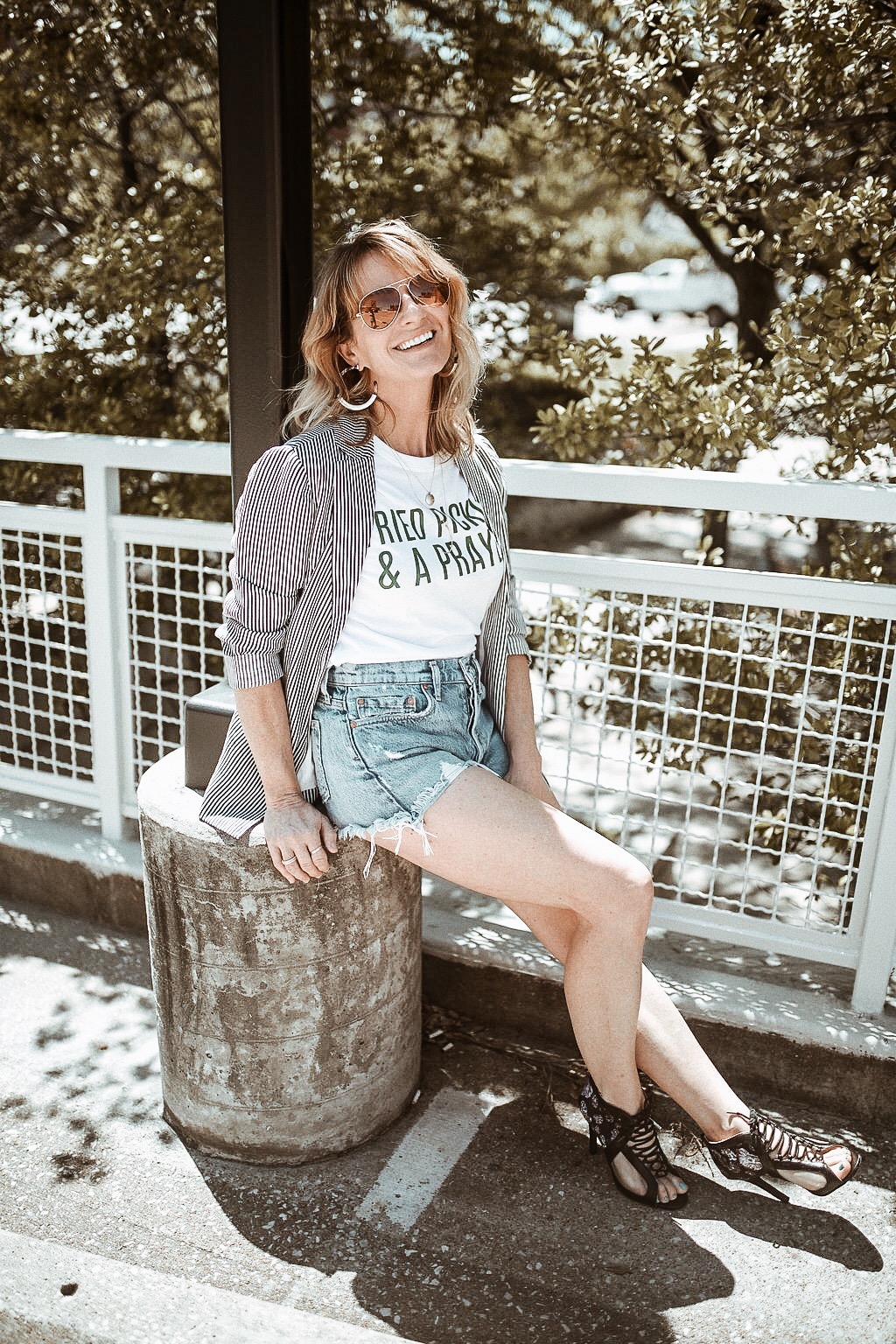 summer blazer with a graphic tee and shorts