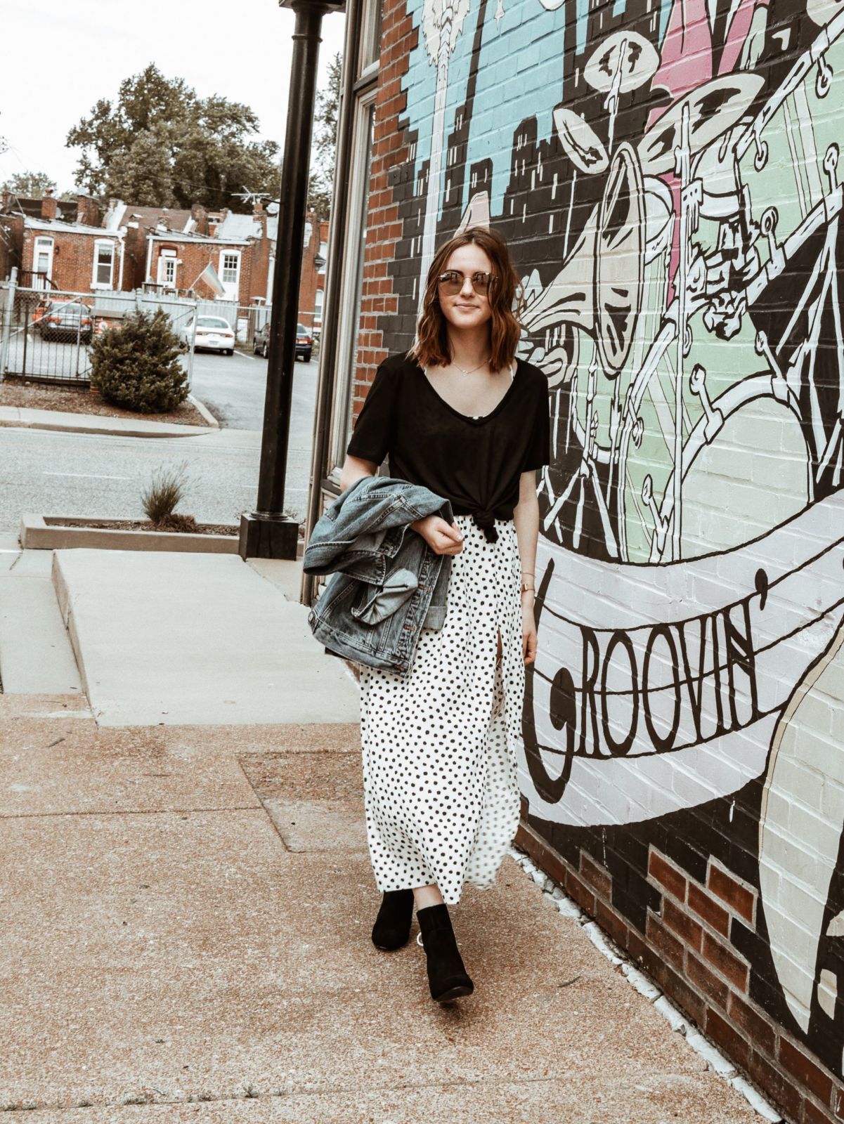 plain tee styled with a maxi dress | booties | denim jacket