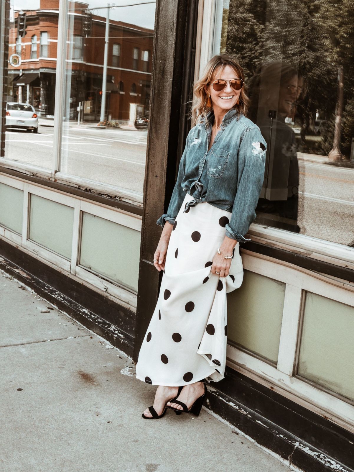 denim shirt styled over a maxi dress | heels | oh darling blog