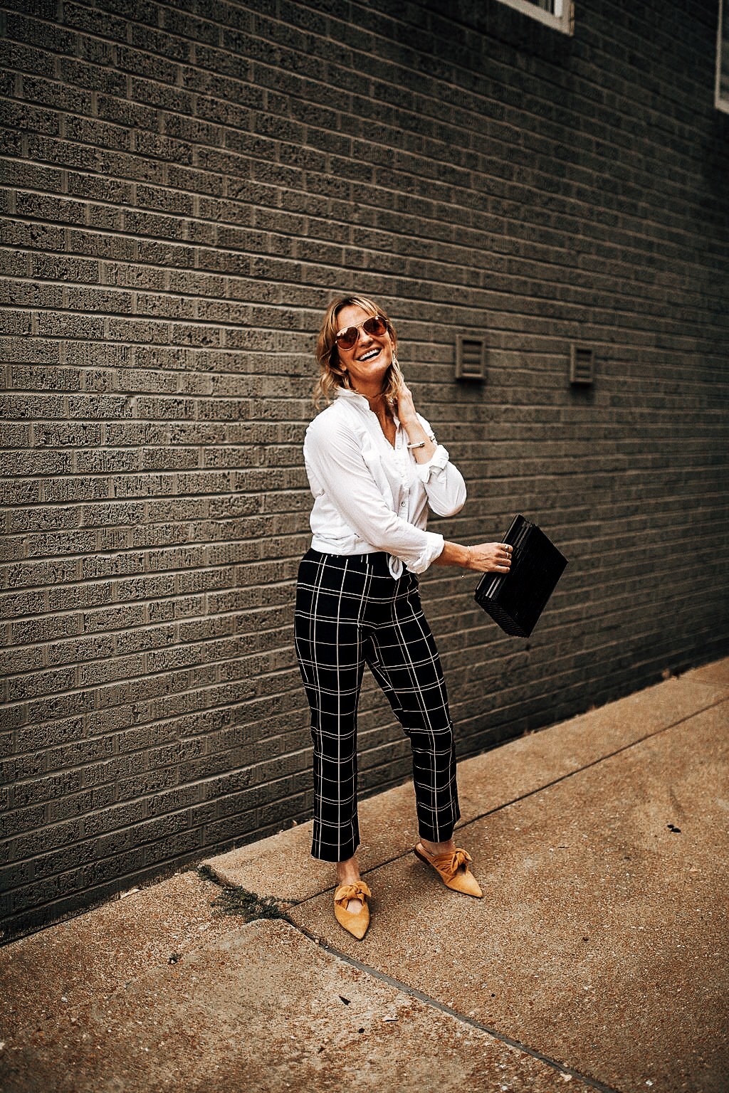 grid kick flare pants | white blouse style | oh darling blog