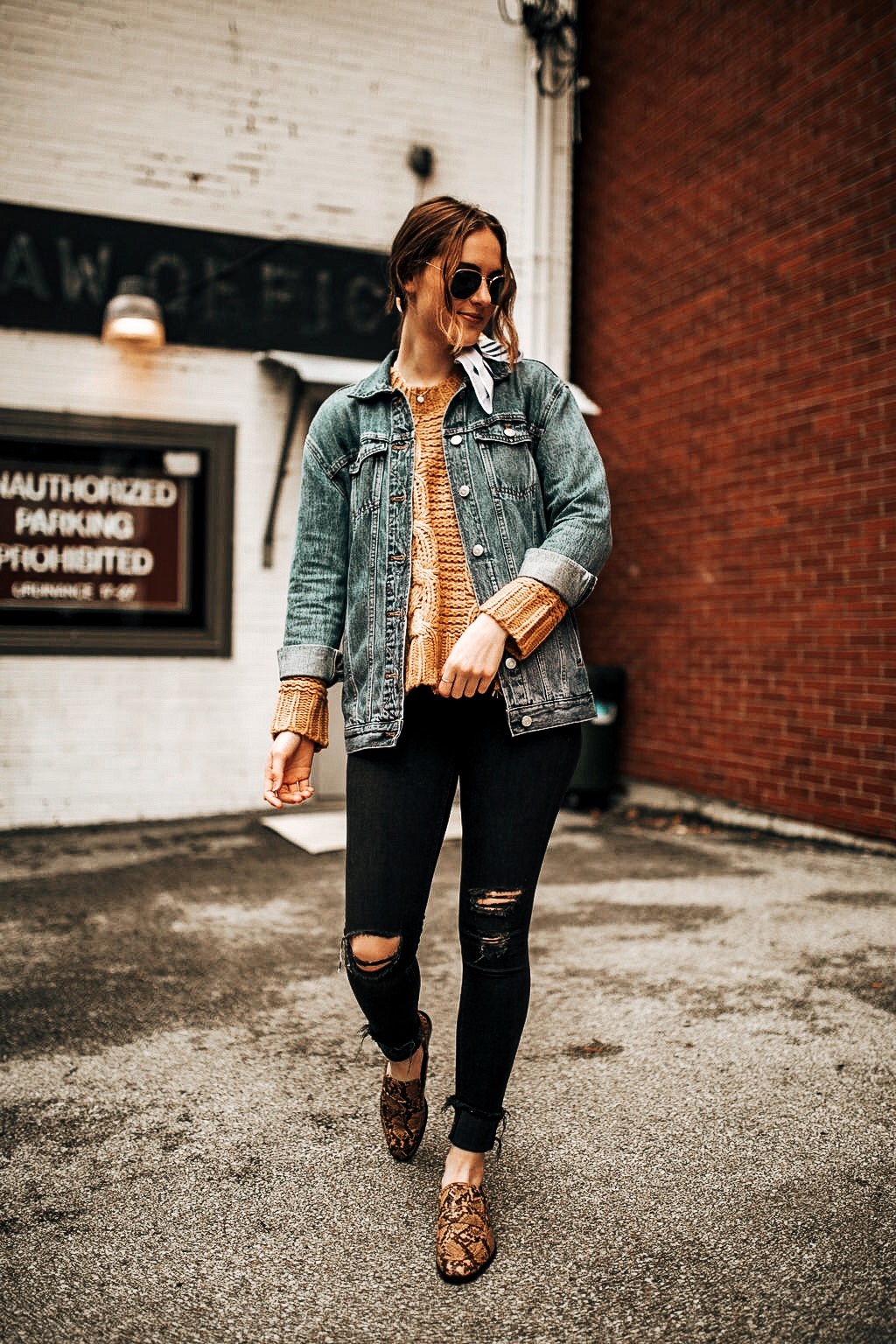 denim jacket | sweater | distressed jeans | snake print loafers | oh darling blog