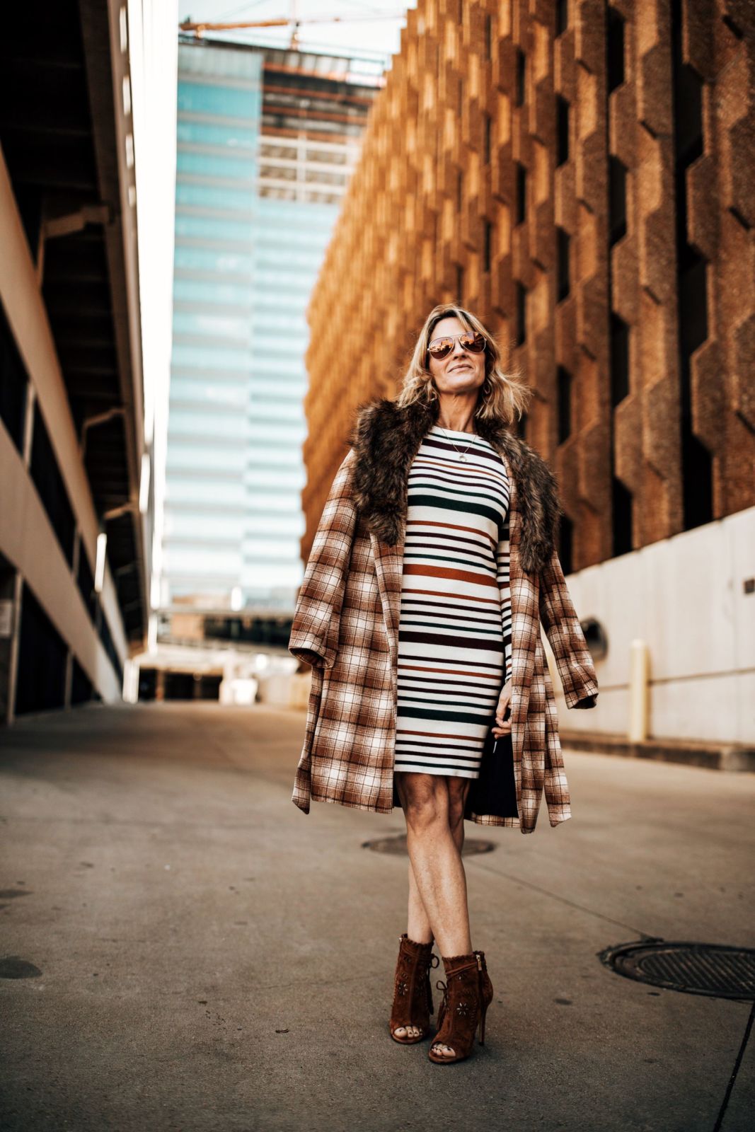 plaid coat | fur collar | stripe sweater | oh darling blog