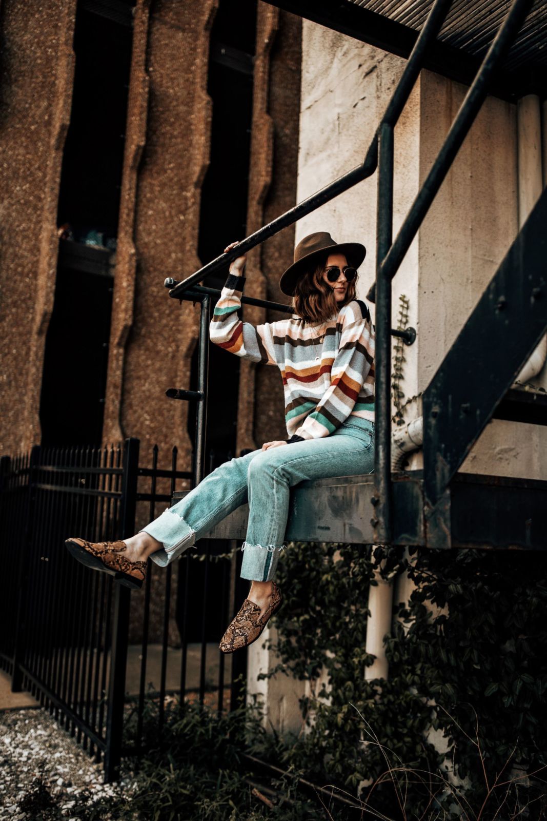 striped sweater | cuffed jeans | snake print shoes | hat | coco mccall | oh darling blog