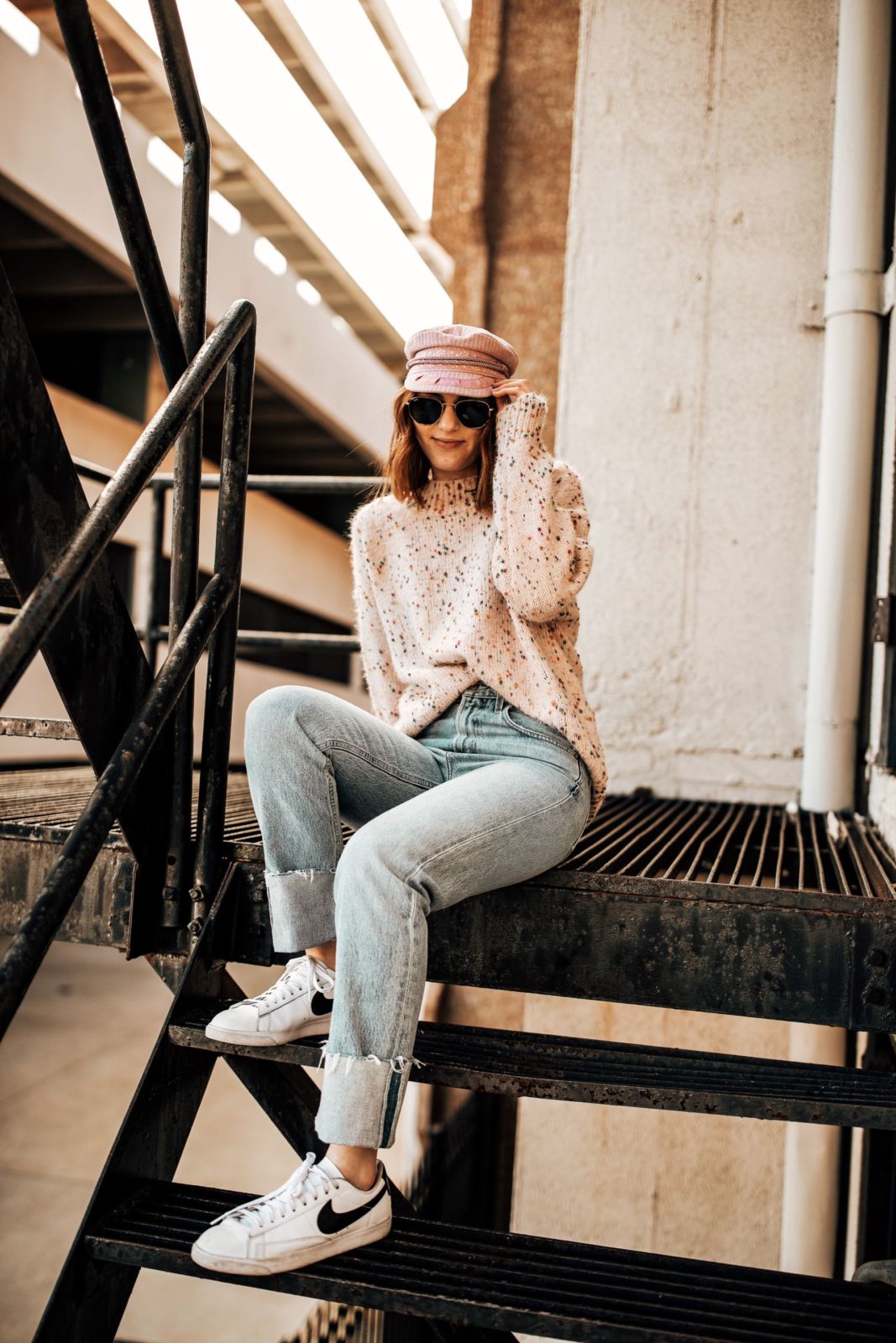 confetti sweater styled with jeans | brixton hat | nike sneakers | oh darling blog