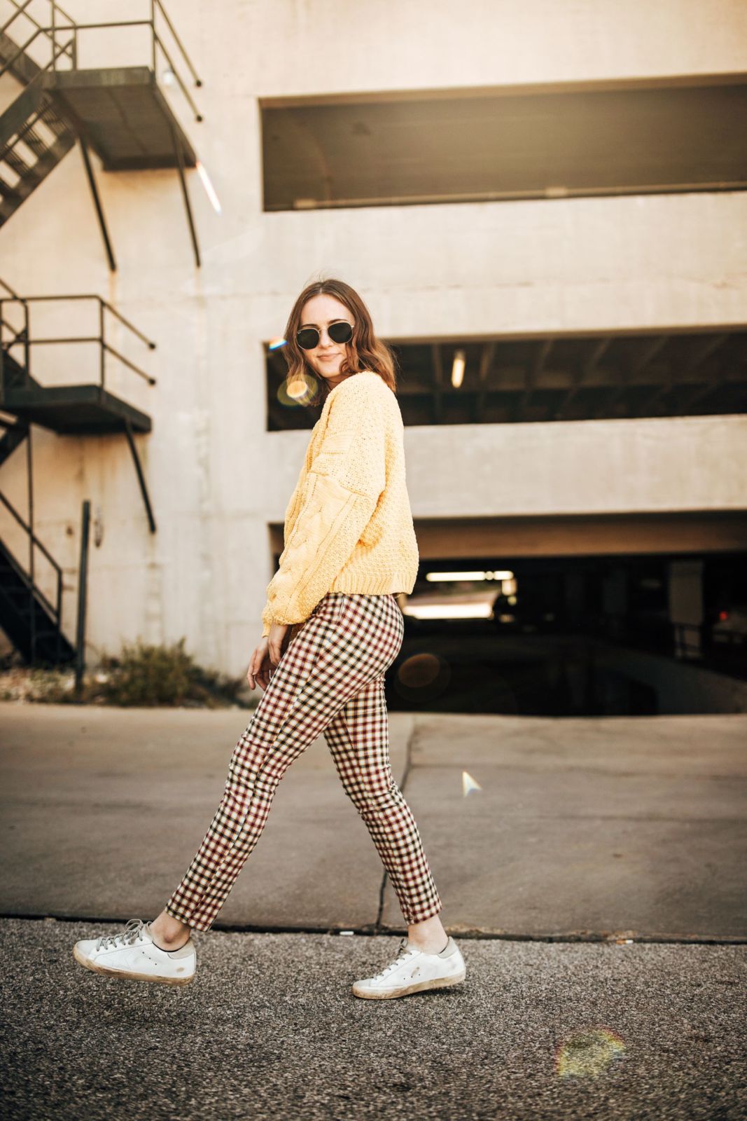 yellow sweater | checked pants | golden goose sneakers | coco mccall | oh darling blog