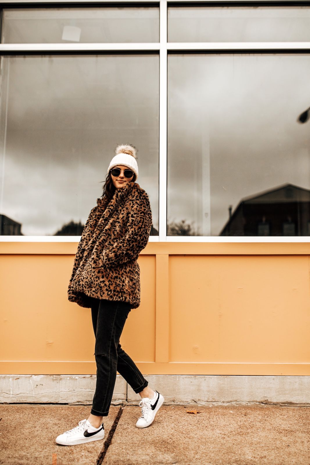 how to layer for winter | leopard jacket | black skinny jeans | white nike sneakers | oh darling blog