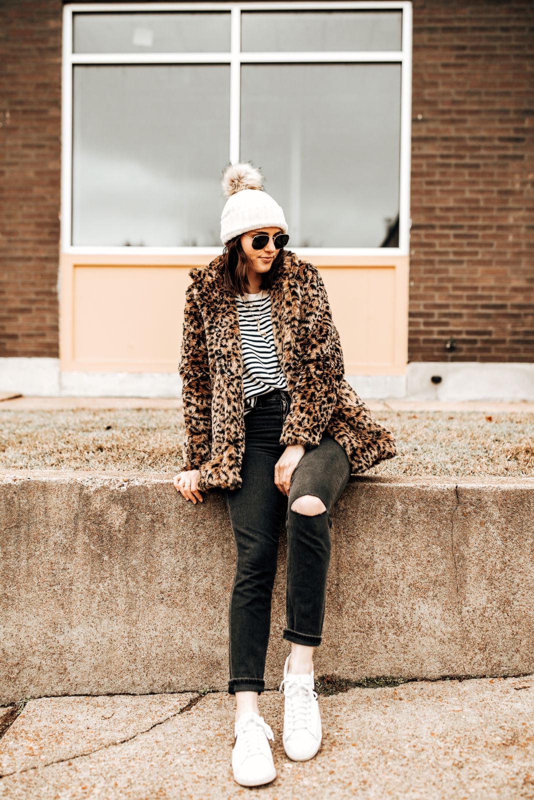 how to layer for winter | shein leopard coat | black distressed skinny jeans | stripe long sleeve shirt | sneakers | oh darling blog