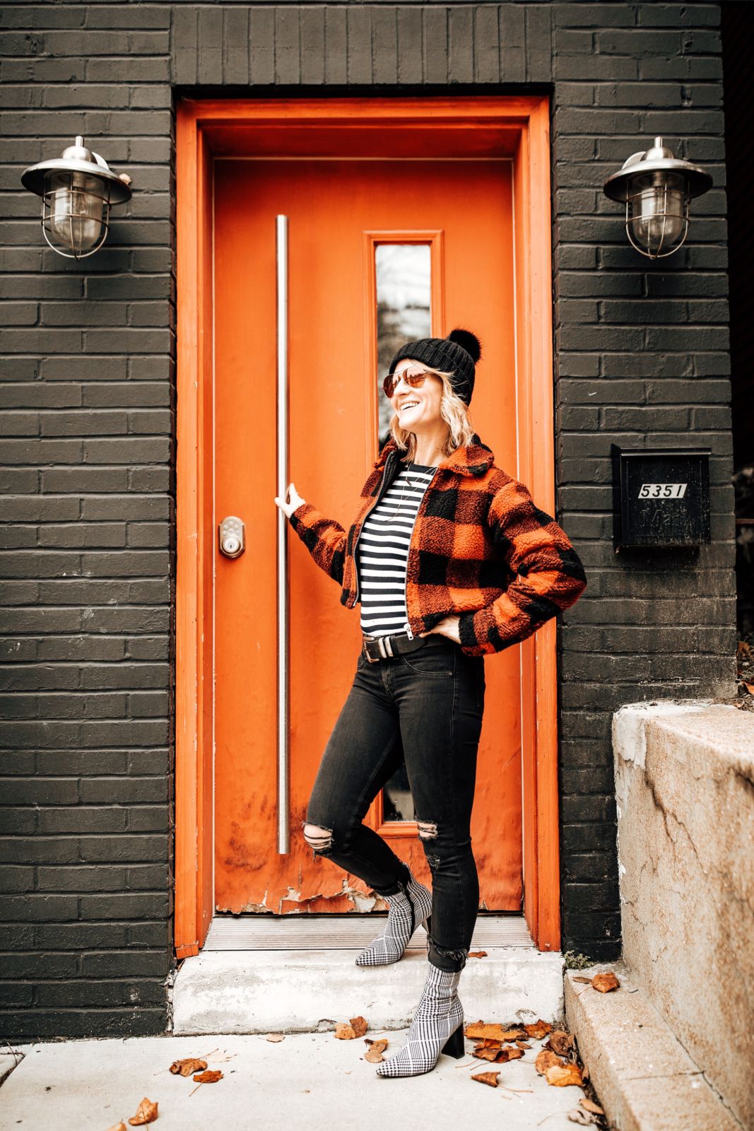 casual holiday outfit ideas | stripe shirt | buffalo plaid coat | black jeans| sock booties | oh darling blog