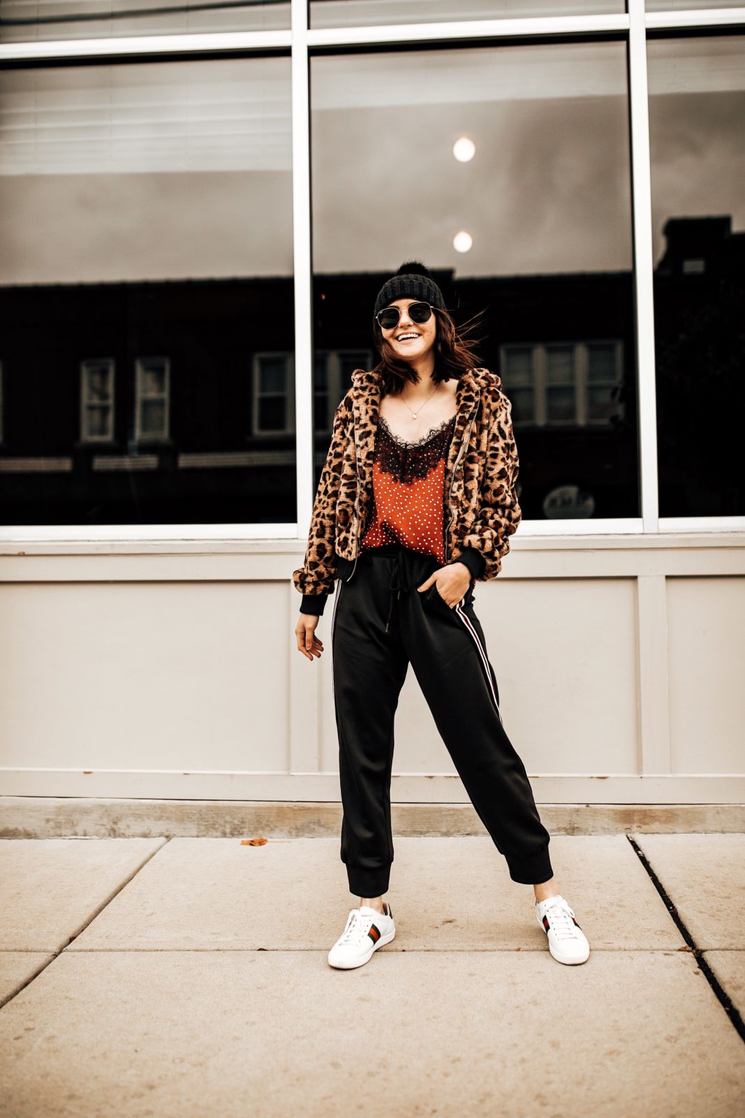 how to layer for winter | joggers | camisole | leopard jacket | sneakers | oh darling blog