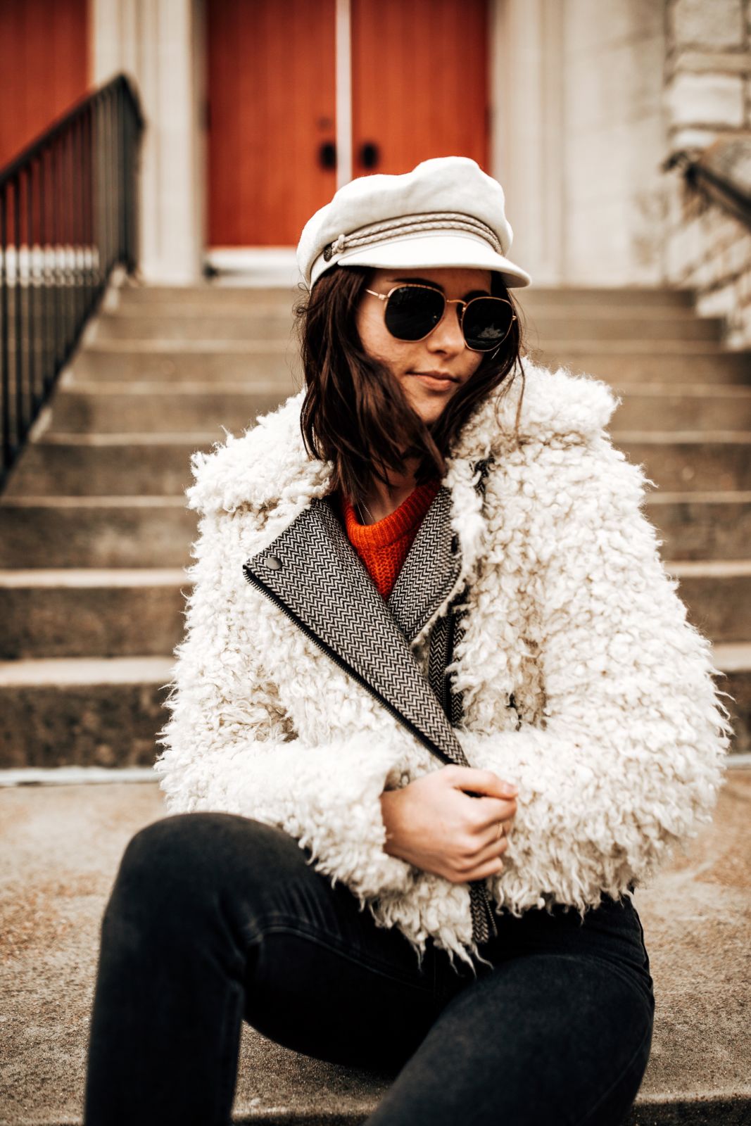 how to layer for winter | white furry jacket | white brixton hat | oh darling blog