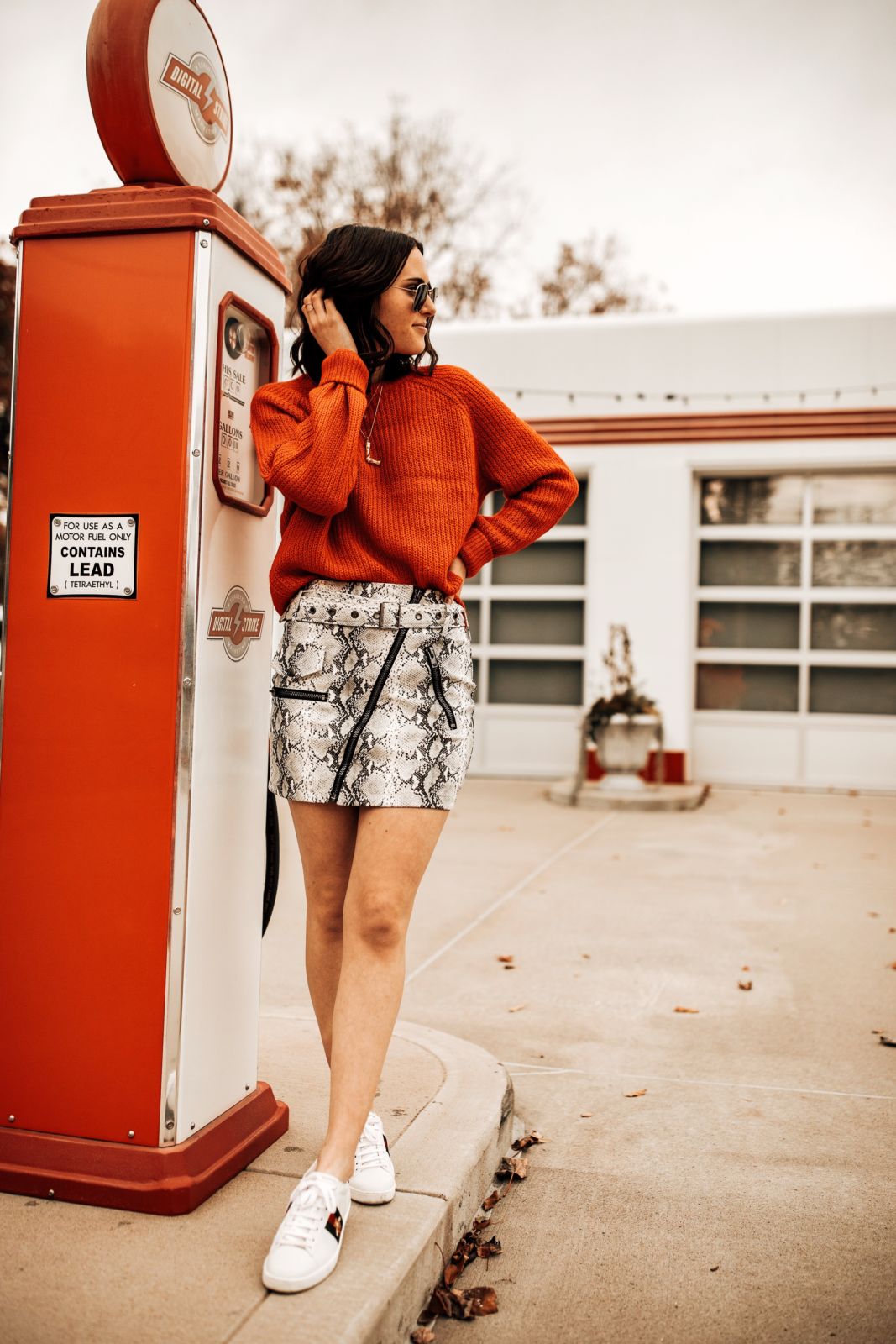 snake print outfit | how to style snake print | snake print skirt | red sweater | sneakers | oh darling blog