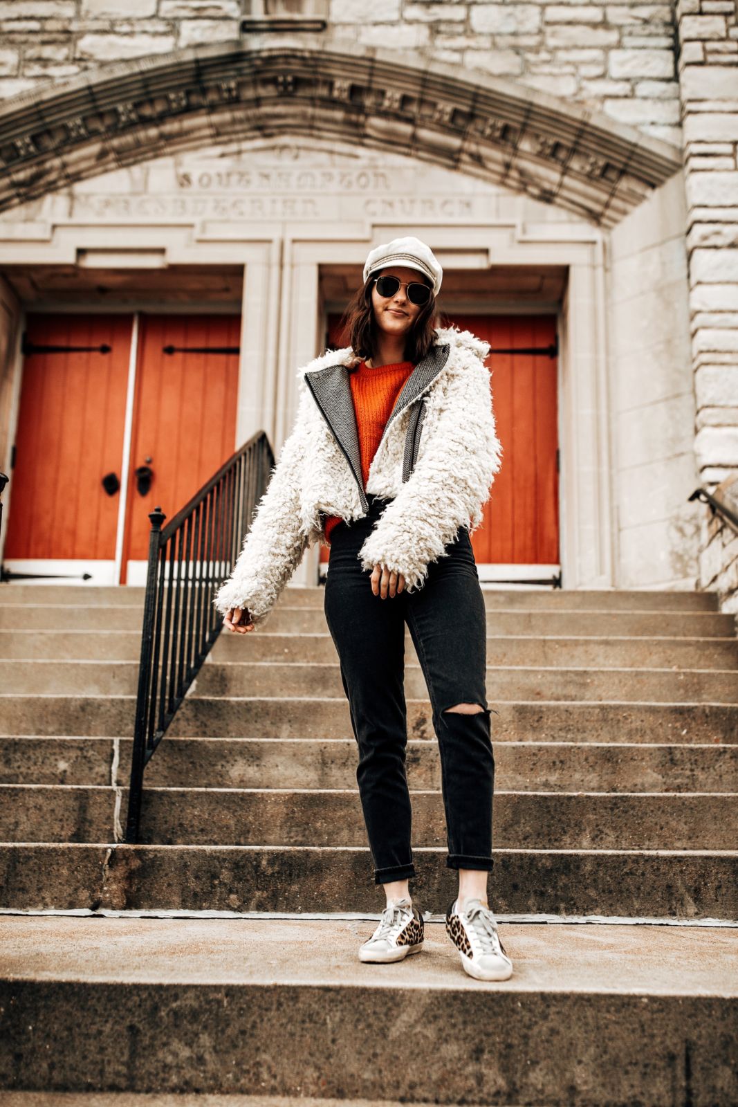 how to layer for winter | sherpa coat | red sweater | black skinny jeans | sneakers | oh darling blog