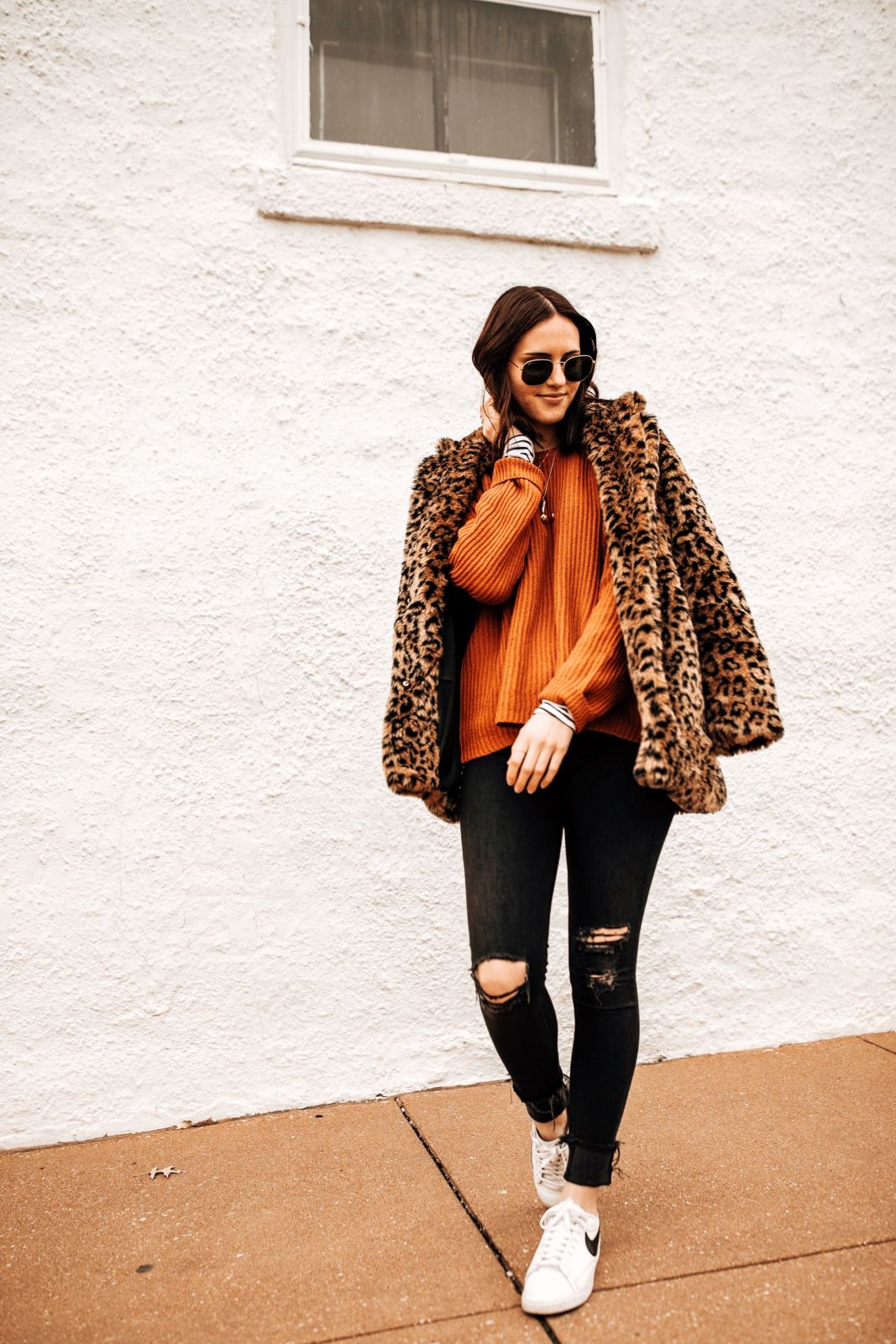 how to layer for winter | stripe long sleeve tee | oversized seater | leopard coat | black jeans | nike sneakers | oh darling blog