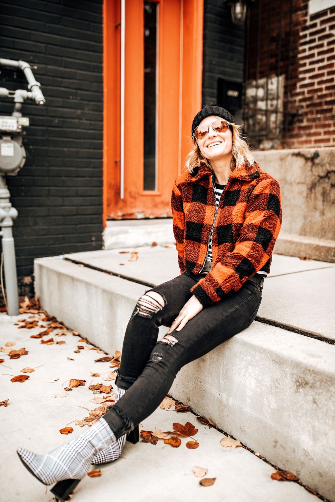 casual holiday outfit ideas | red buffalo plaid | black jeans | sock booties | oh darling blog