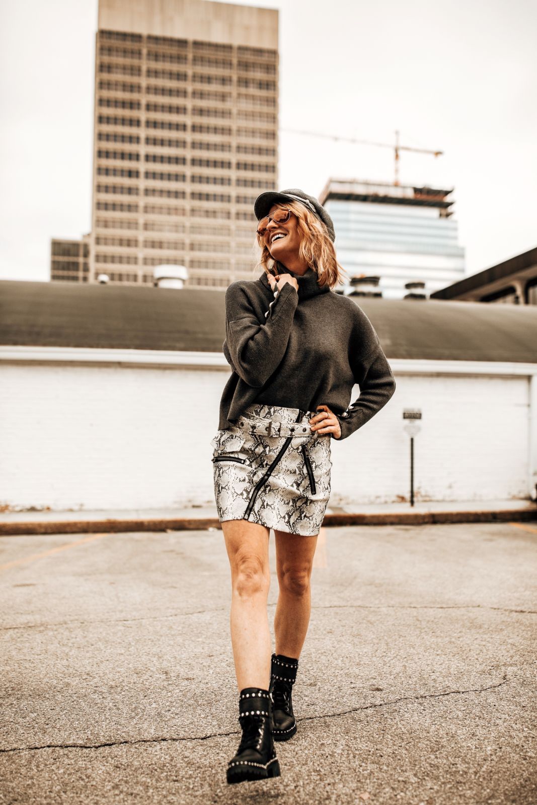 snake print outfit | styling combat boots | snake print skirt | turtleneck sweater | brixton hat | oh darling blog