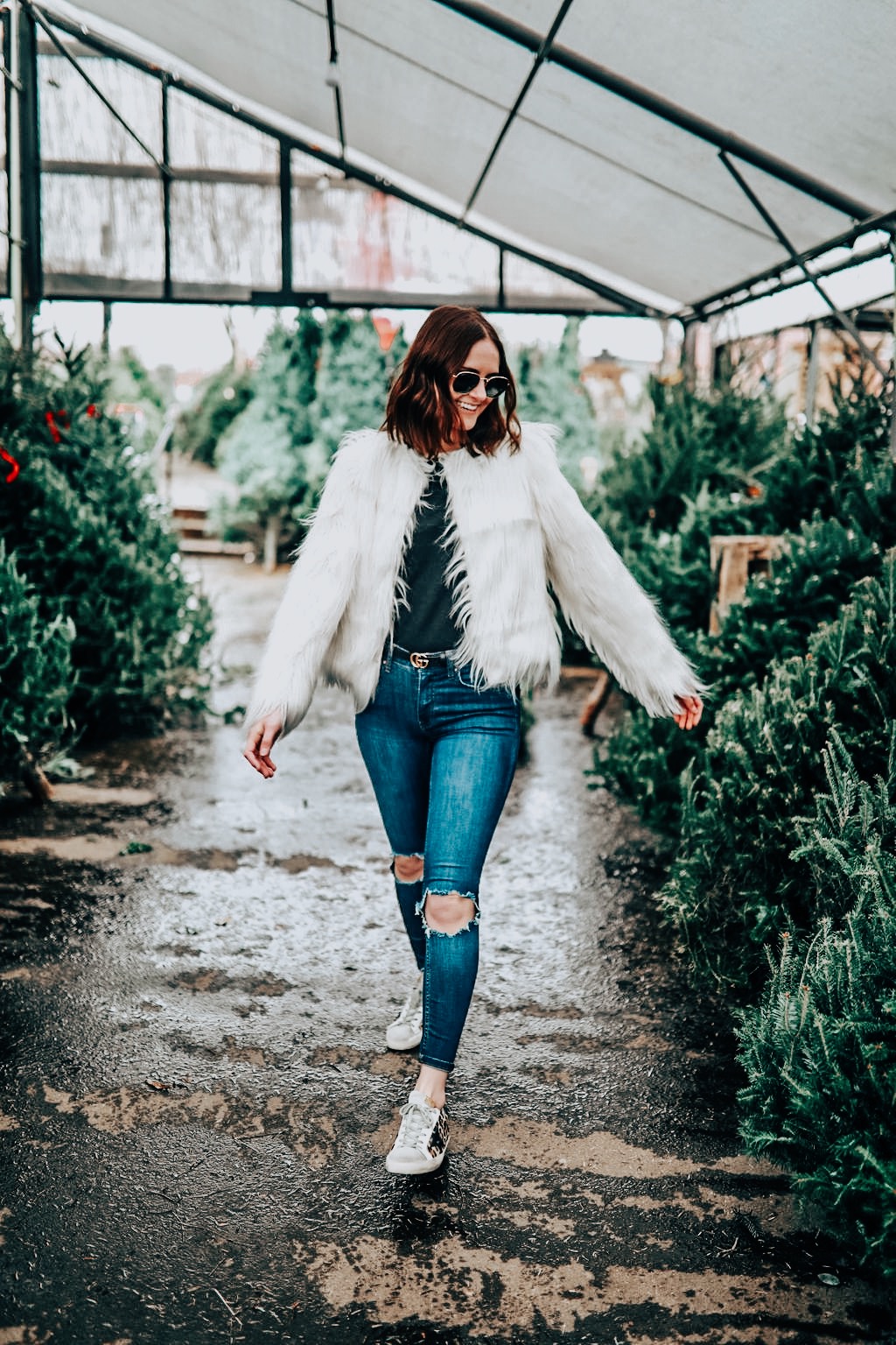 how to enjoy the holidays | kindred shop | knitted belle | st louis | winter outfit inspiration | how to style a faux fur jacket | white faux fur coat | ripped jeans | black tee | sneakers | oh darling blog