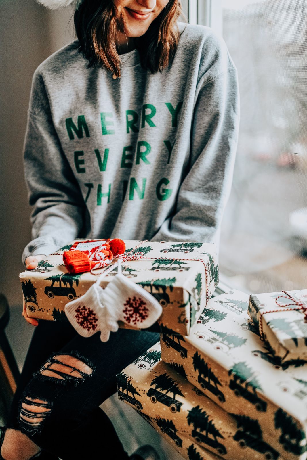 the best gift wrapping ideas | propertees | chris loves julia | merry everything sweatshirt | oh darling blog