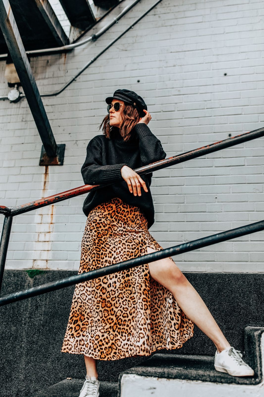 how to style a leopard skirt | golden goose sneakers | zara leopard skirt | black turtleneck sweater | brixton hat | oh darling blog