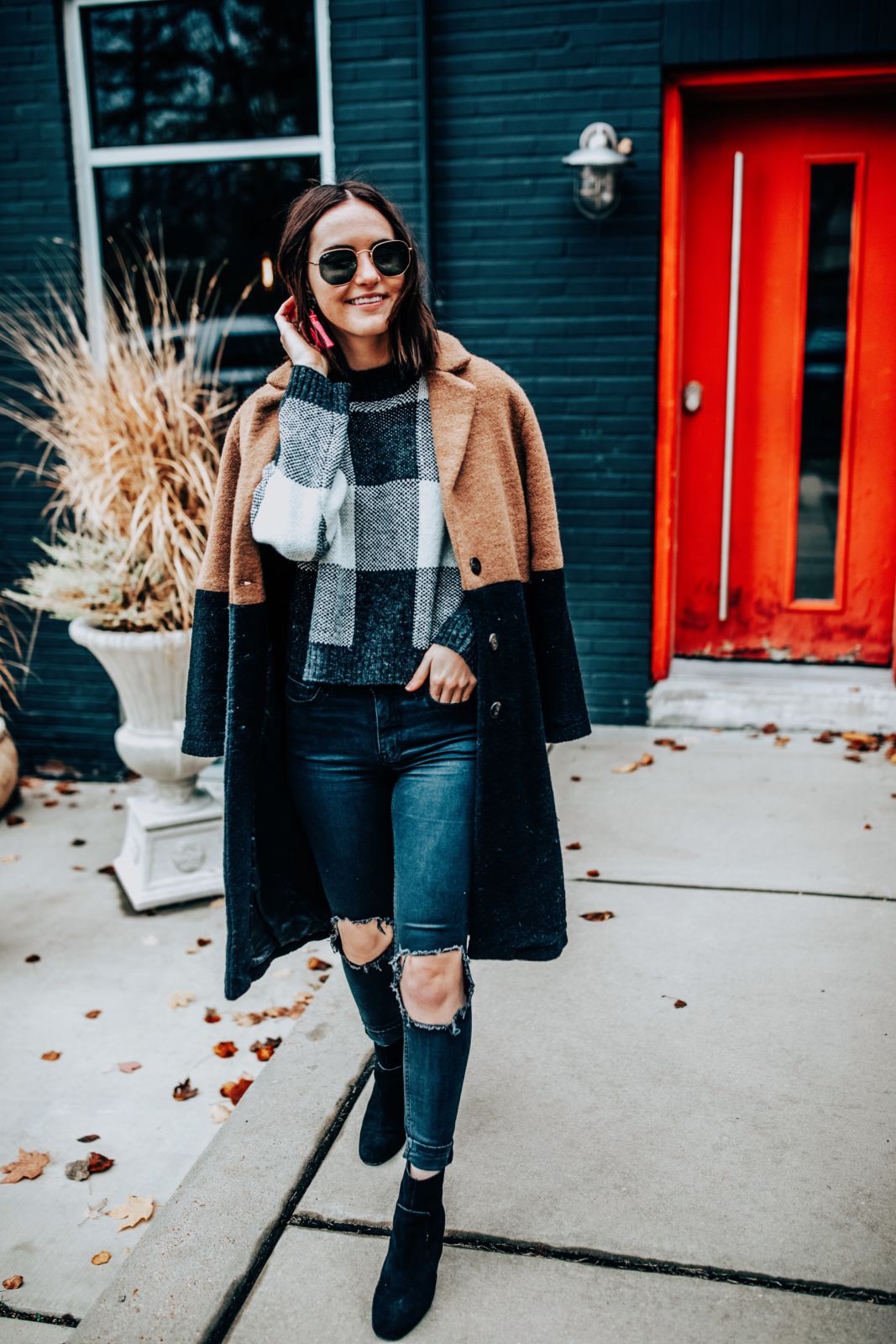 Tan Wool Coat & Plaid Sweater & Black Ripped Jeans | Oh Darling Blog