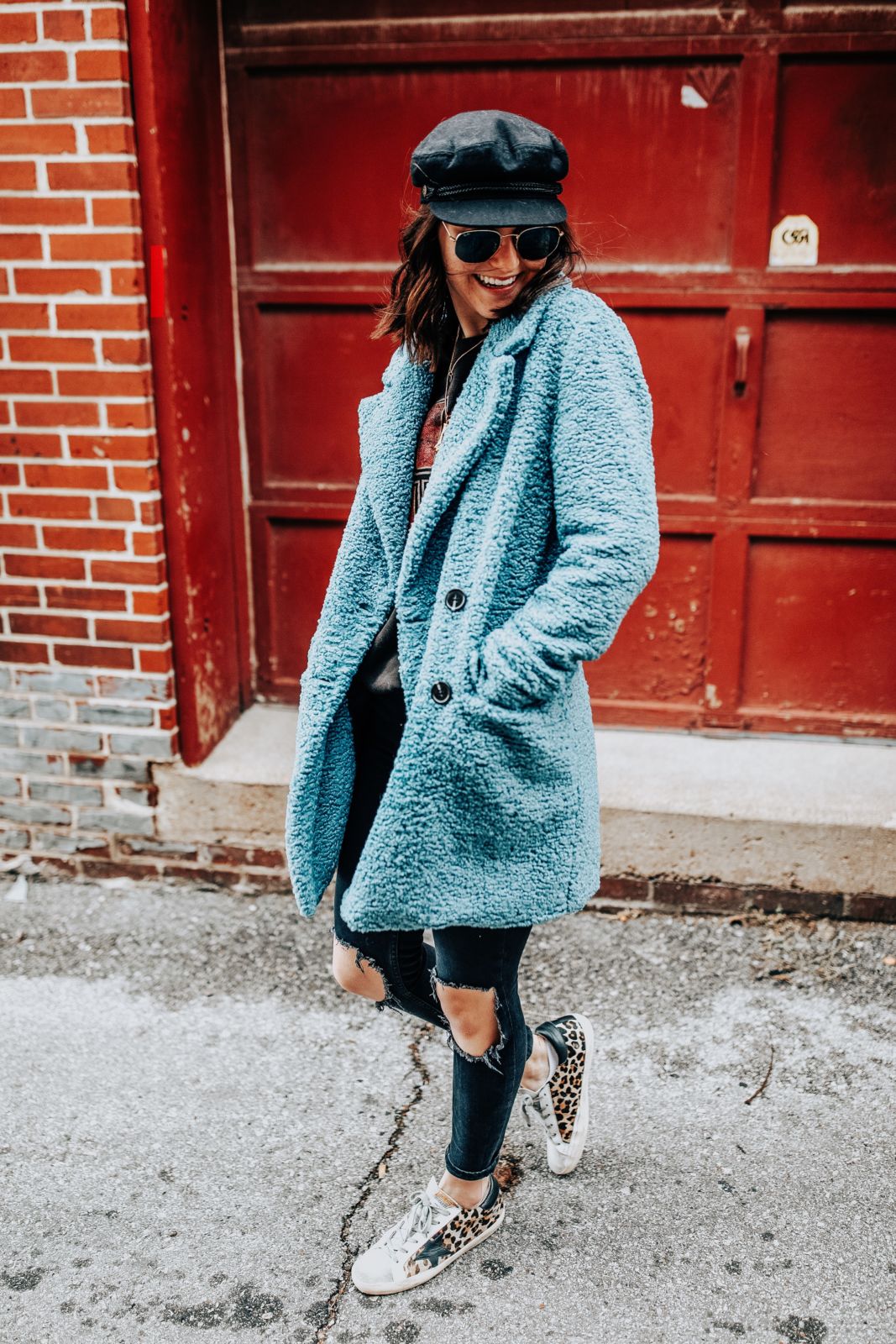 Blue Trench Coat and Golden Goose Sneakers