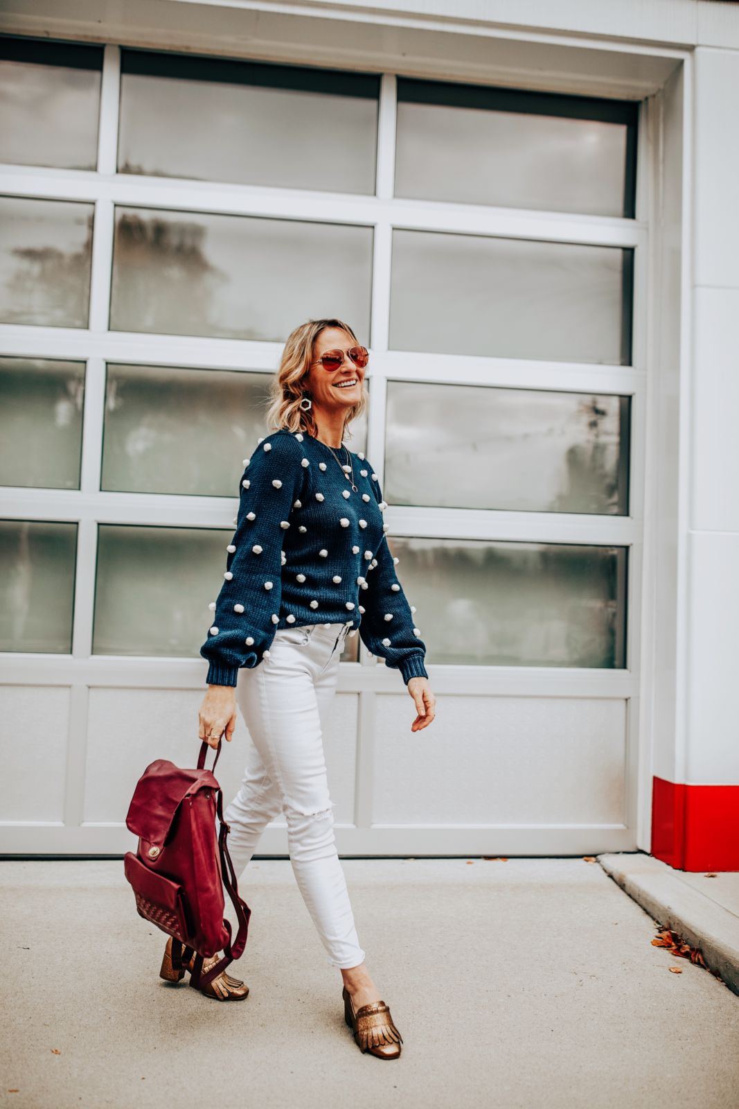 Pom Pom Sweater and White Jeans 