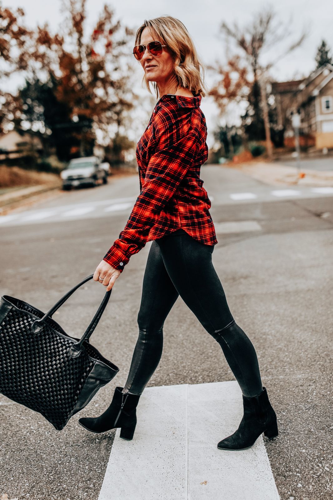 Outfit Details: Red Flannel, Black Spanx Leggings and Black Booties | Oh Darling Blog