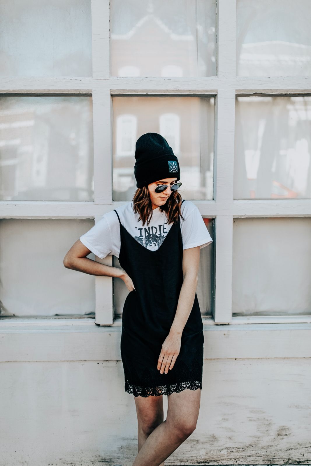 how to wear a slip dress | 4 ways to style a slip dress | styling a slip dress | graphic tee with a slip dress | beanie | black slip dress | oh darling blog