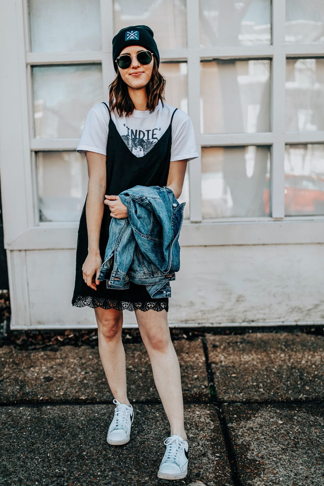 how to wear a slip dress | 4 ways to wear a slip dress | styling a slip dress | graphic tee with a slip dress | beanie | dress with sneakers | nike sneakers | oh darling blog 